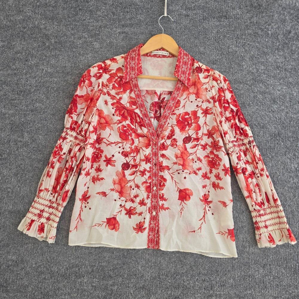 Alice & Olivia Blouse Medium Red Floral Silk Button Up Smocked Office Work Chic